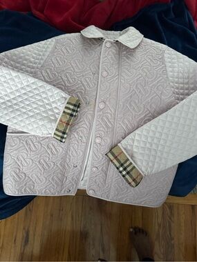 Burberry Light Pink Quilted Girls' Jacket with Check Cuffs